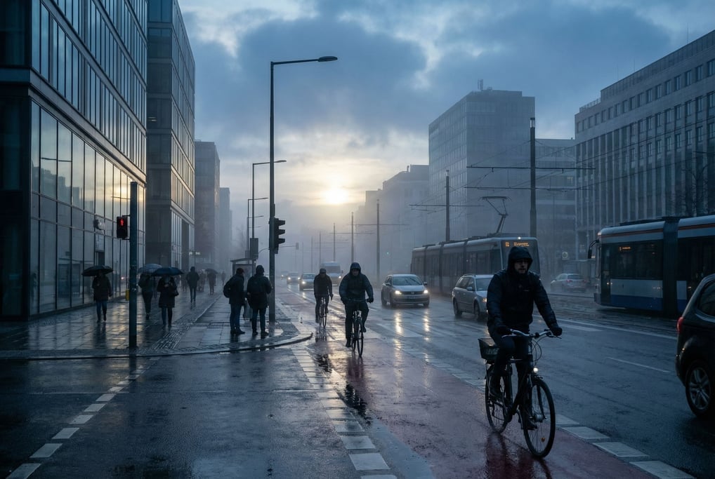Modern city street in winter light, low sun angle creating long shadows and cold blue sky