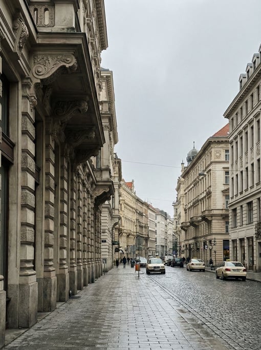 Grand Jugendstil boulevard with carved stone cornices and pilasters creating rhythmic shadows
