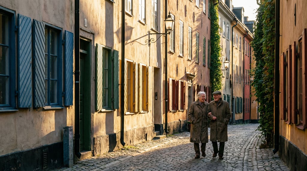 Narrow Stockholm Gamla Stan lane with colorful shuttered windows at different heights