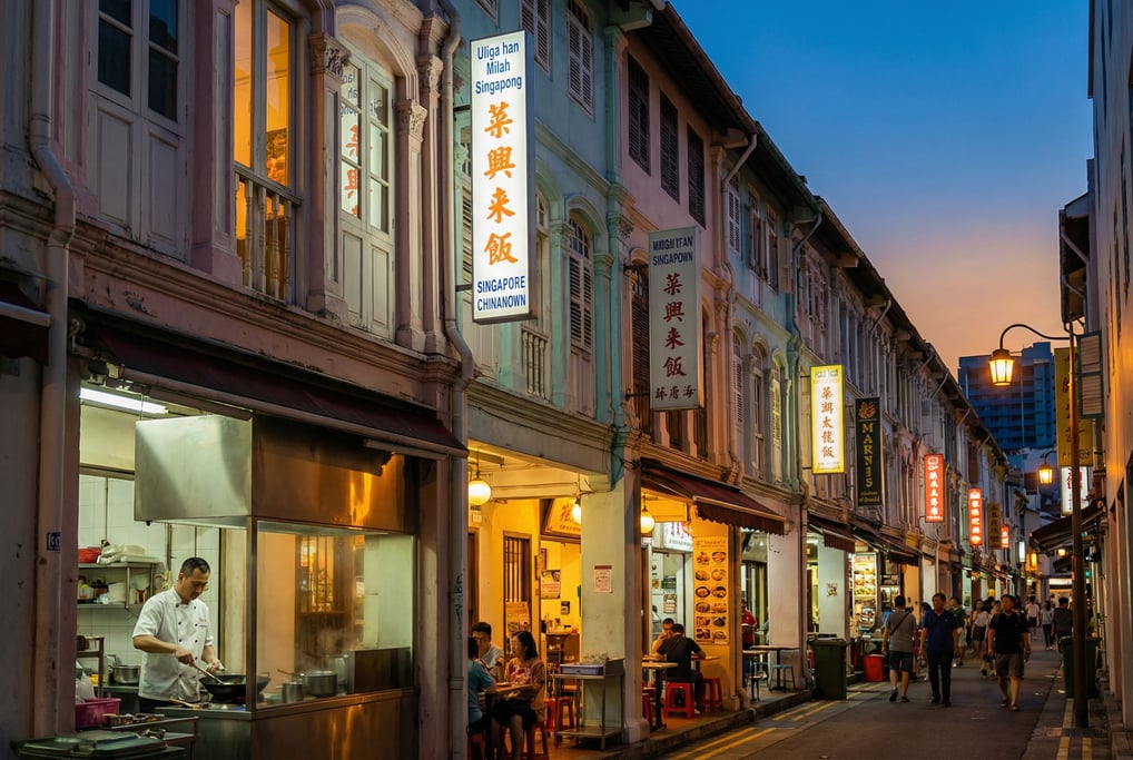 Narrow Singapore shophouse row with vertical signage in local script on narrow buildings, sunset