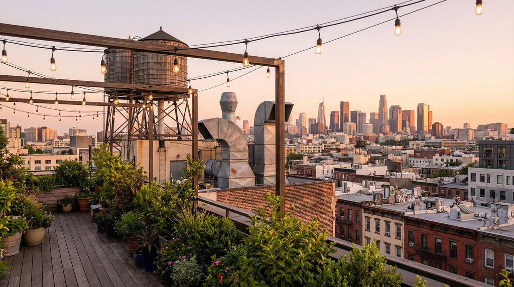 Rooftop terrace with string lights overlooking downtown at sunset
