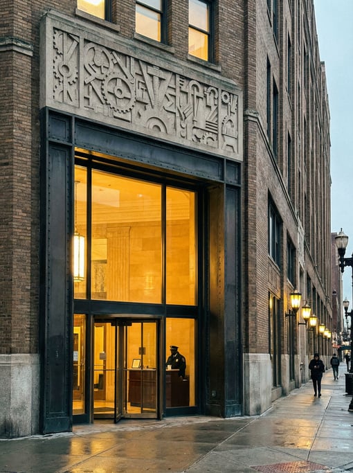 Industrial converted factory entrance with steel frame, geometric stone carvings above the doorway