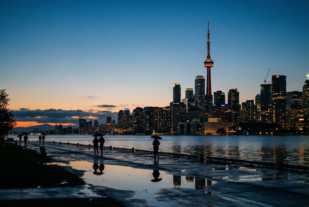 Distant city skyline seen from a lakeside promenade