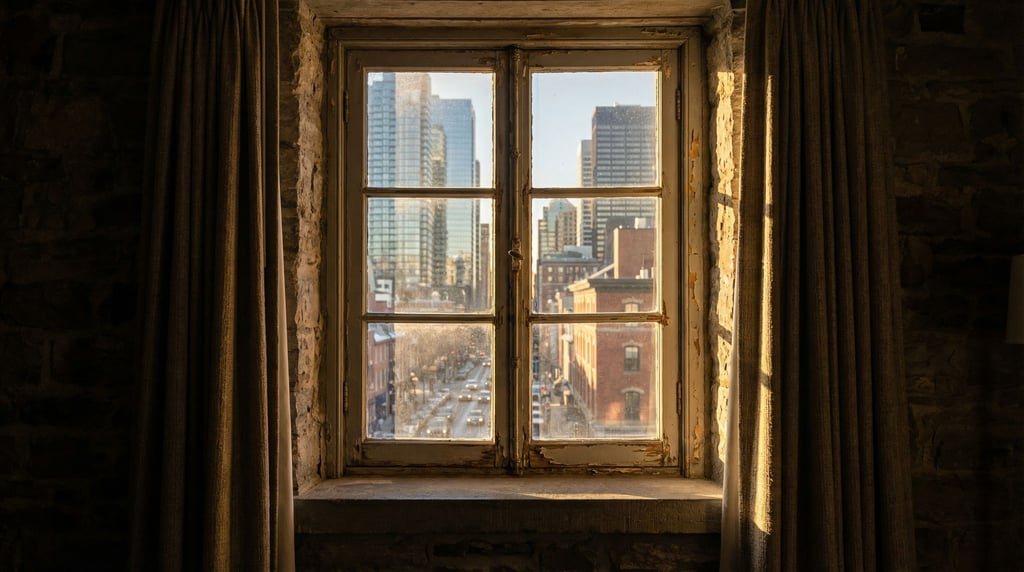 View through a old wooden-frame window in a historic building overlooking a modern cityscape at late