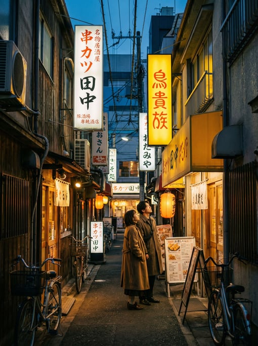Narrow Japanese backstreet with izakayas with vertical signage in local script on narrow buildings