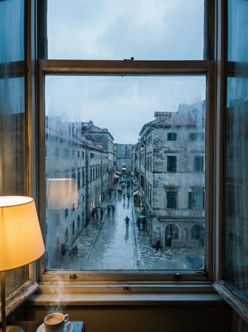 Looking out through a hotel room window on a high floor at a Mediterranean city street