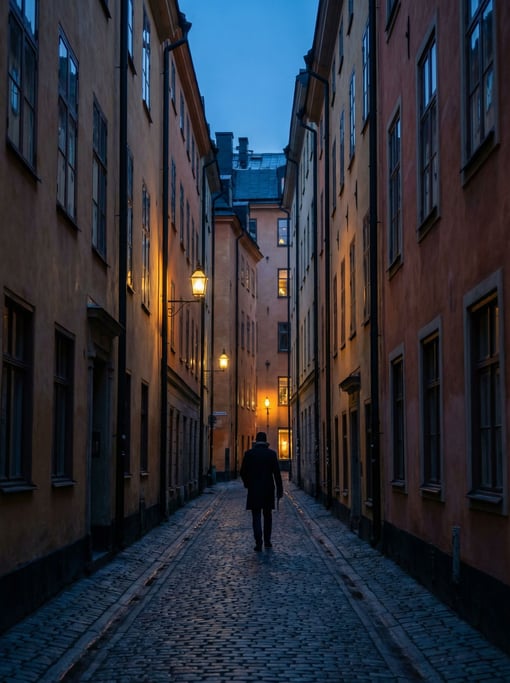 Narrow Stockholm Gamla Stan lane with tall buildings on both sides creating a canyon of light and sh