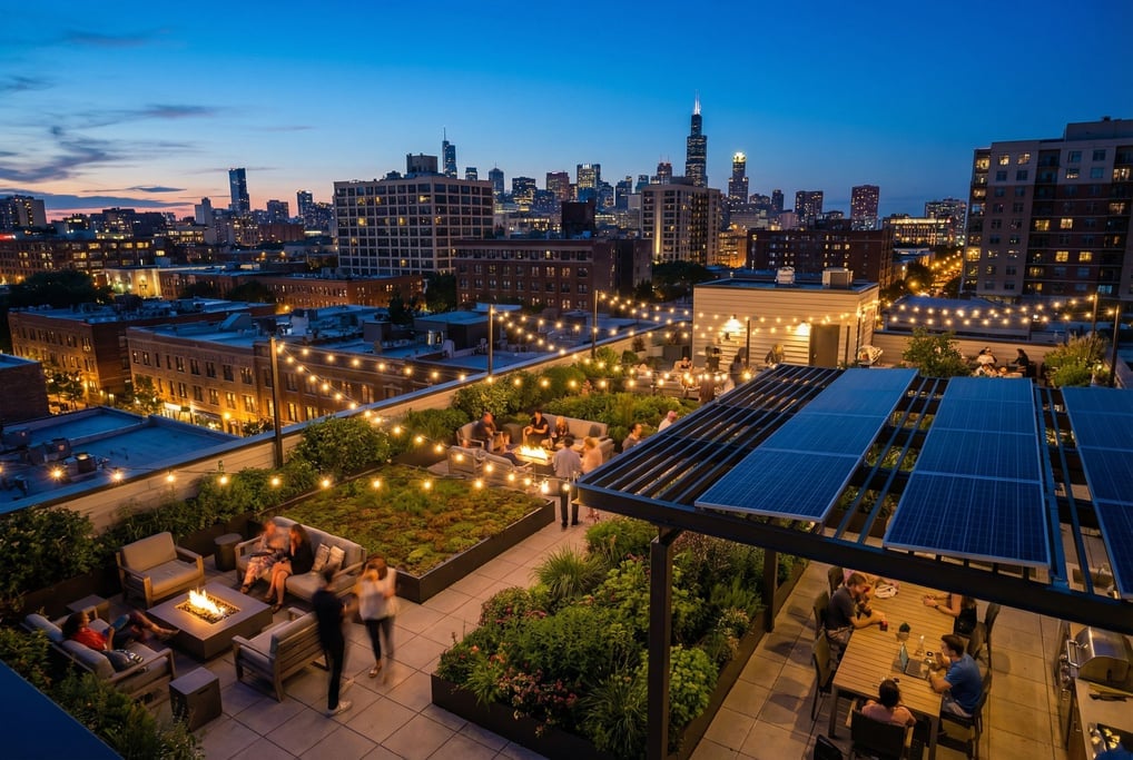 Rooftop terrace with string lights overlooking downtown at blue hour