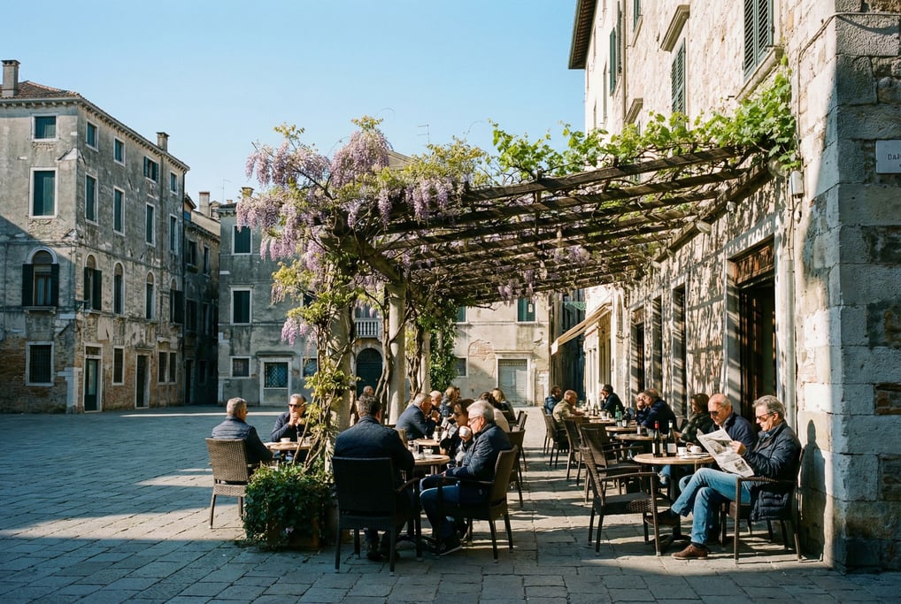 Outdoor wine bar terrace on a historic city square, climbing vines on a trellis above the seating