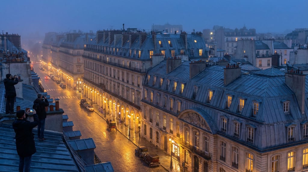 Grand Gothic revival boulevard with uniform mansard roofs with zinc cladding and dormer windows