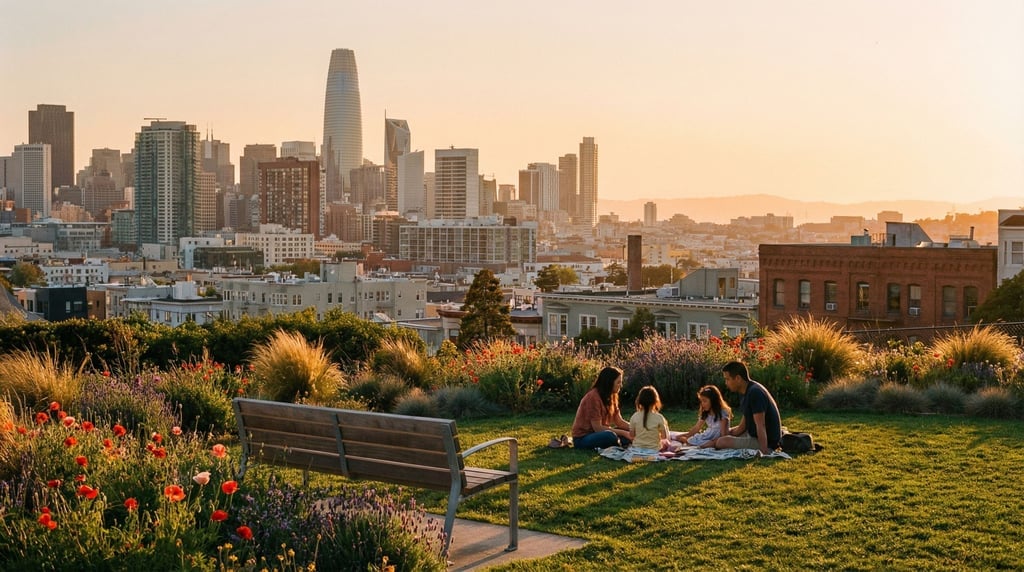 Urban hillside park bench with city towers visible in the background