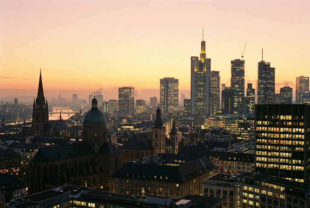 Sweeping panoramic view of a mixed historic and contemporary city skyline at sunset
