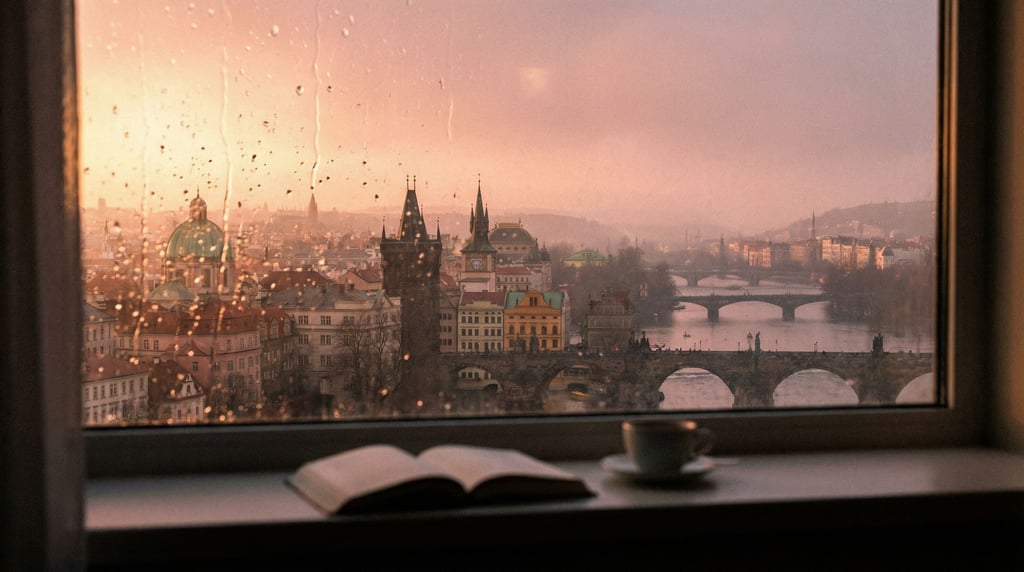 View through a hotel room window on a high floor overlooking a historic cityscape at sunset