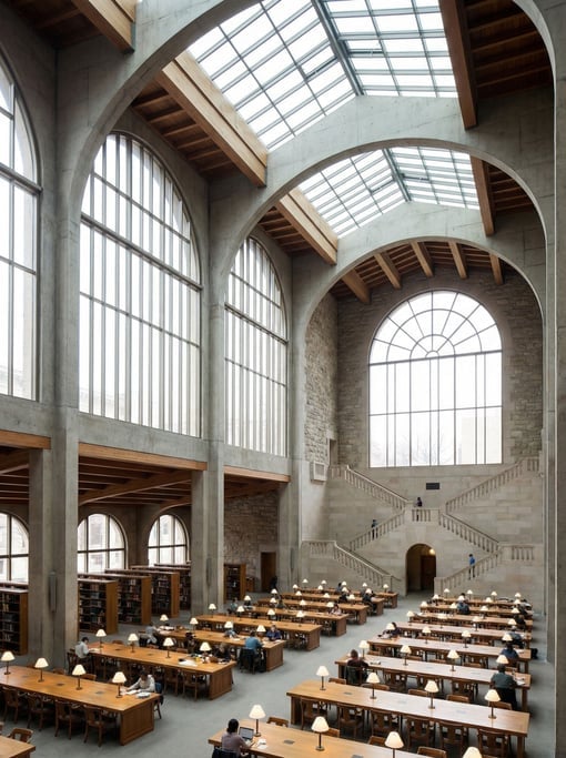 Grand reading room with rows of desks inside a civic center