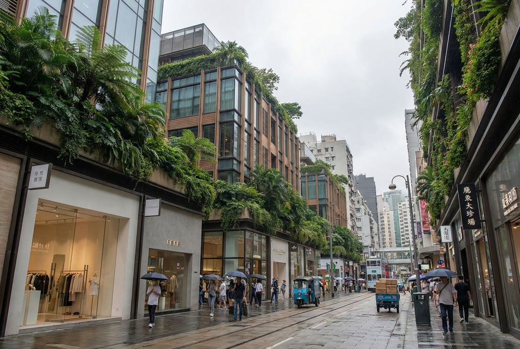 Pedestrian shopping street with boutiques in a Hong Kong