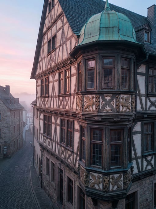 Half-timbered medieval merchant house with ornate carved details catching side light, dawn