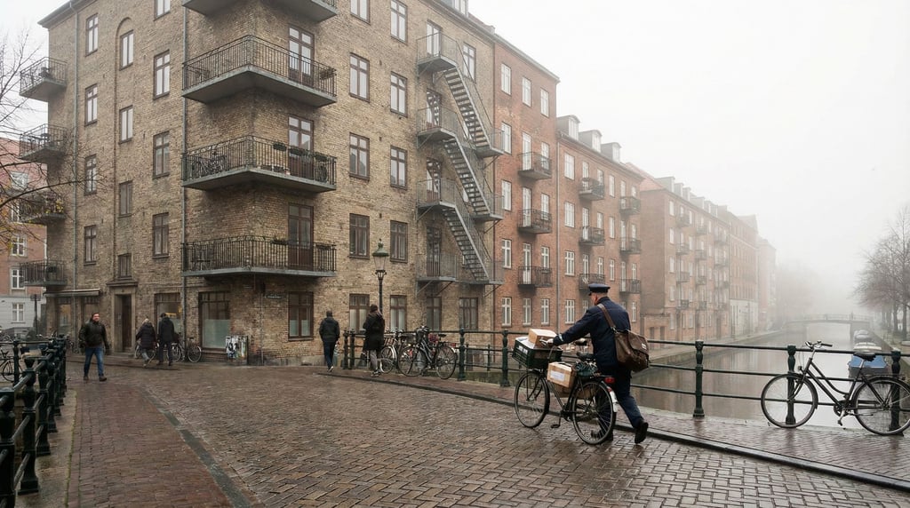 Riverside apartment buildings with balconies in a northern European neighborhood