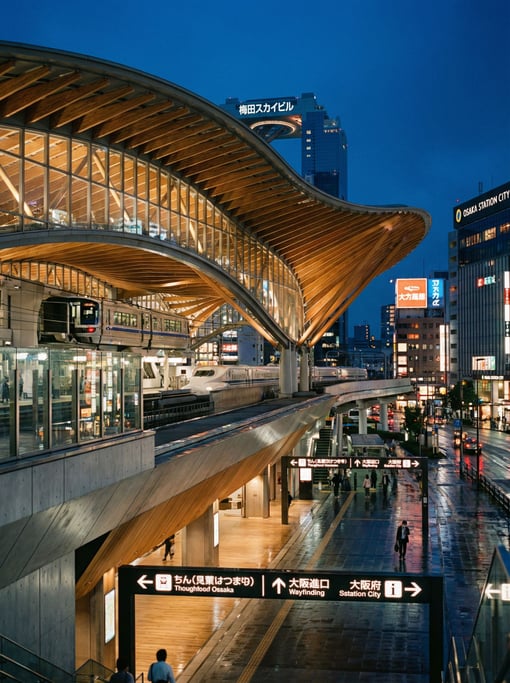Modern transit hub with sweeping roof in a Osaka