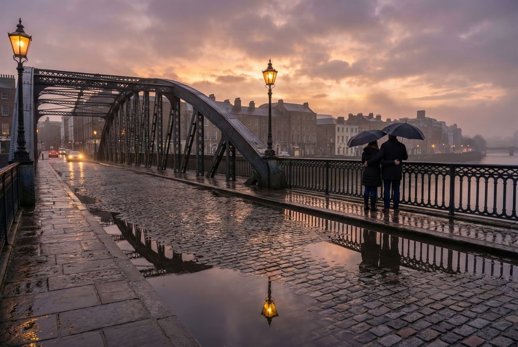 Cast iron Victorian bridge after rain, wet pavement reflecting lights and sky, puddles as mirrors