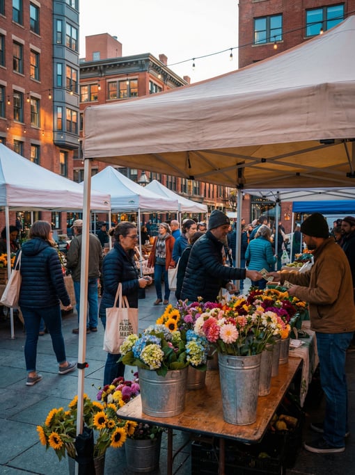 Open-air farmers market with canvas stalls with fresh flowers in tin buckets