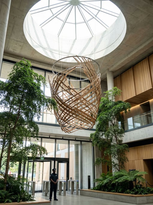 Double-height lobby with monumental art inside a concert hall