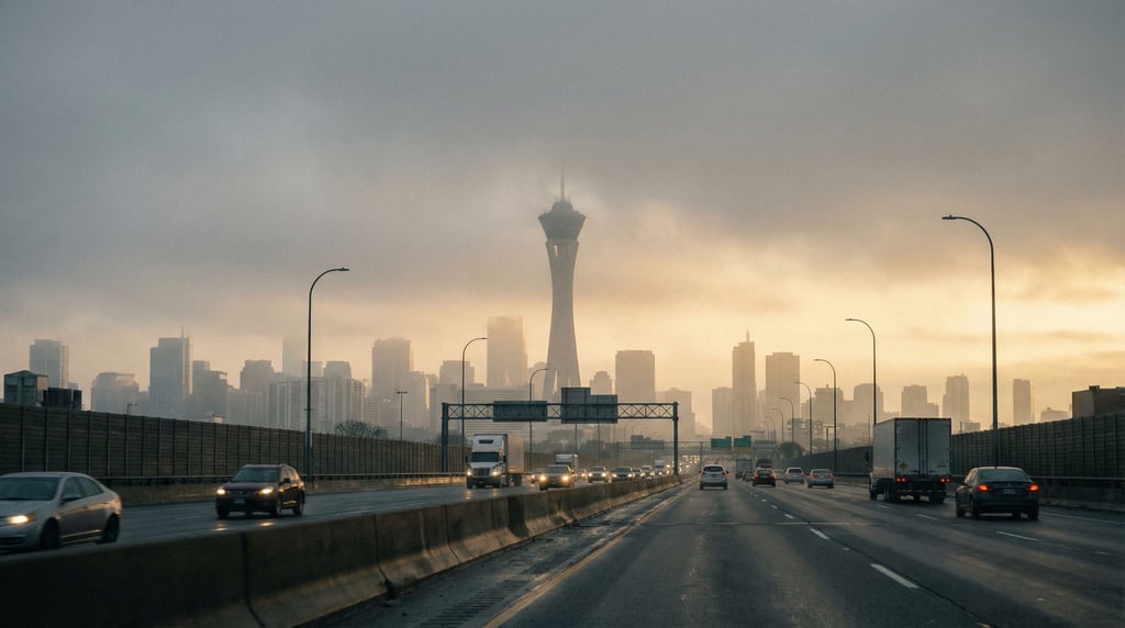 Distant city skyline seen from a highway overpass at the city edge
