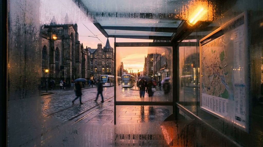 Looking out through a bus shelter glass panel at a historic city street