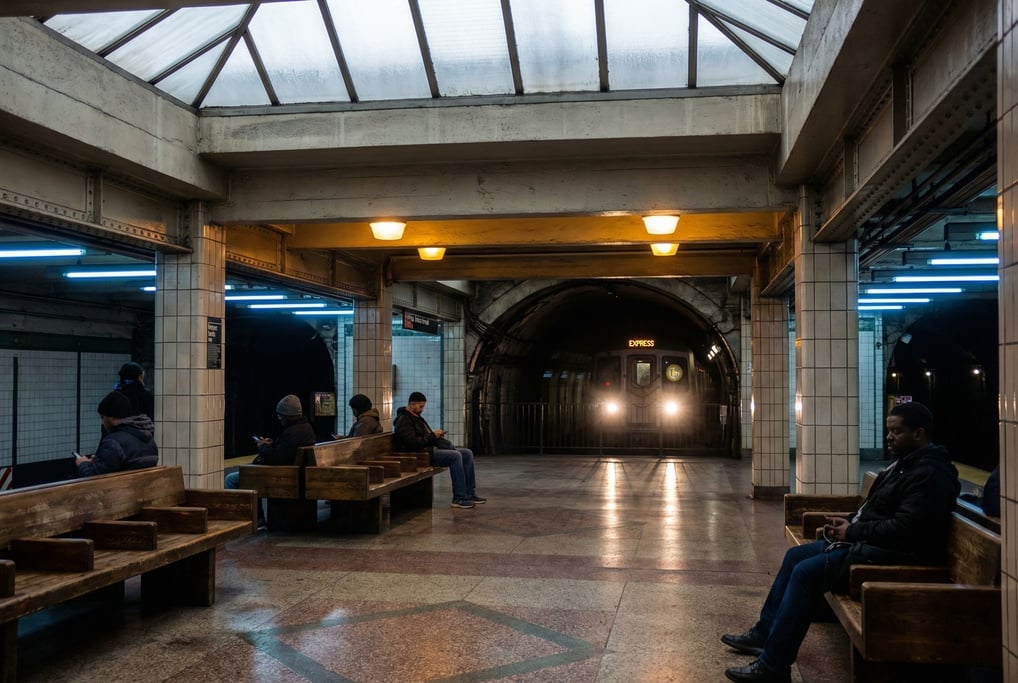 Bus station at dawn, worn terrazzo floor and wooden benches