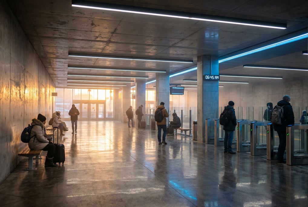 Bus station at dawn, polished concrete walls and dramatic recessed lighting
