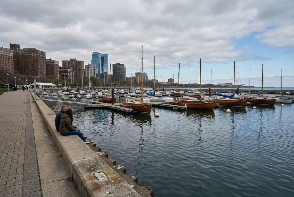 City lakefront path lined with fishing boats and small sailboats, overcast midday