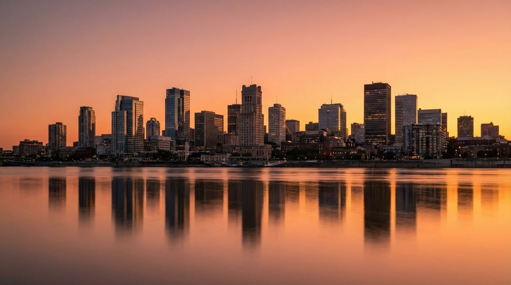 High-rise financial district city skyline reflected in a calm river at sunset