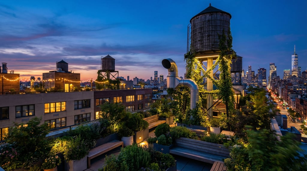 Rooftop garden overlooking downtown at dusk, water towers and ventilation ducts as urban sculpture