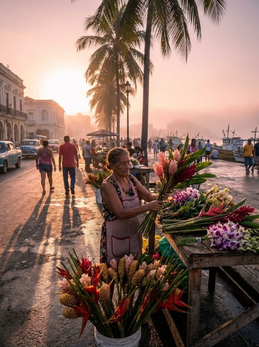 A flower seller arranging bouquets on a corner stall on a waterfront promenade in a tropical city