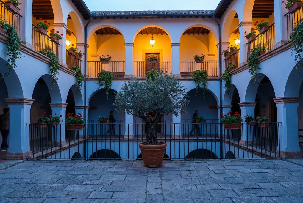 Looking up through a courtyard of a monastery cloister