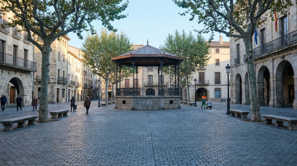 Tree-shaded plaza with a bandstand in a European city, stone benches arranged along the perimeter