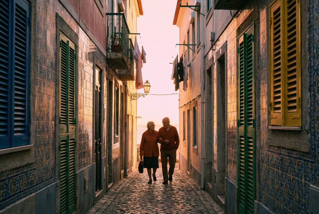 Narrow Lisbon tiled backstreet with colorful shuttered windows at different heights, sunset