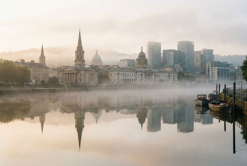 Neoclassical city skyline reflected in a calm river at misty morning