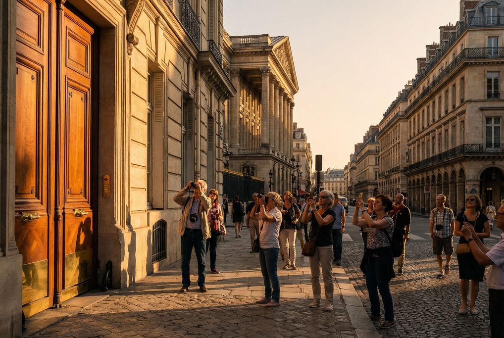 Grand Neoclassical boulevard with grand double doors with brass hardware at street level