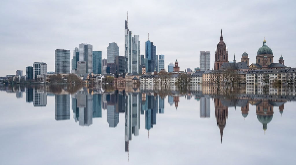 Postmodern city skyline reflected in a calm river at overcast midday