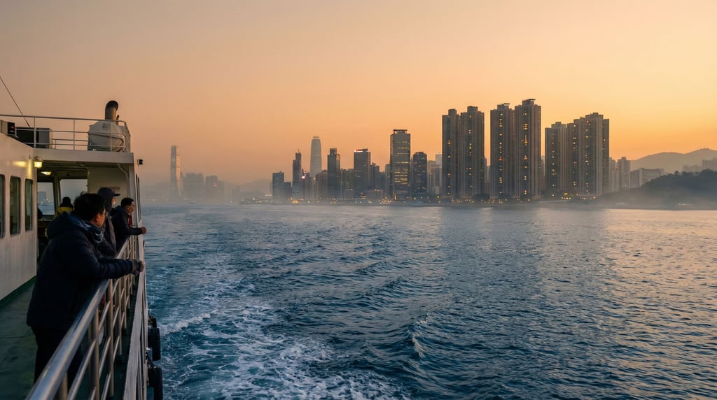 Distant city skyline seen from a ferry approaching the harbor