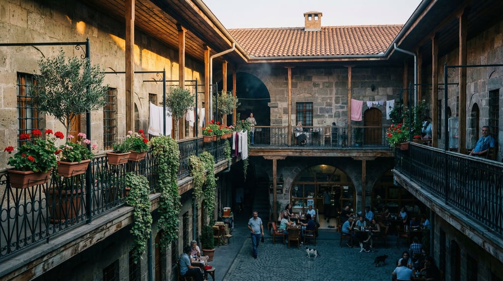 Looking up through a courtyard of a Ottoman-era caravanserai