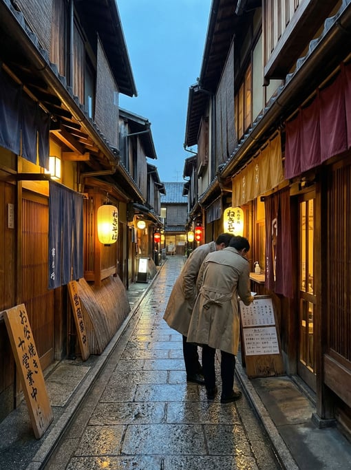 Narrow Kyoto wooden machiya street with colored awnings and hand-lettered menus, early morning