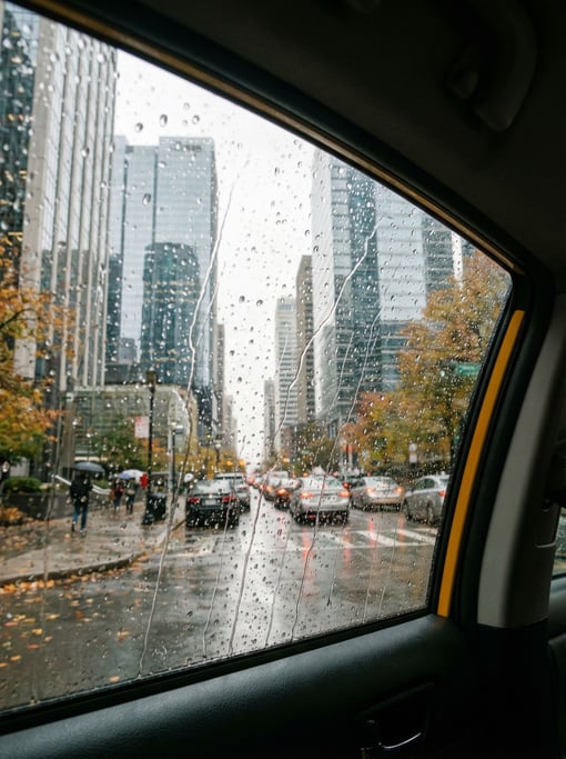 View through a rain-streaked taxi window overlooking a modern cityscape at overcast midday