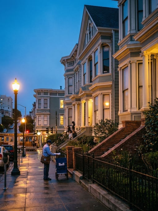 Victorian painted lady houses on a hill in a cosmopolitan neighborhood
