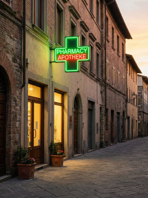 Neighborhood pharmacy with neon cross on a quiet historic city side street