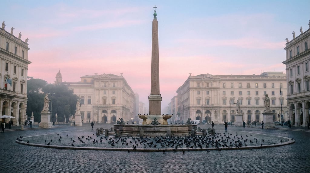 Circular plaza with an obelisk monument in a European city, pigeons gathered near the fountain