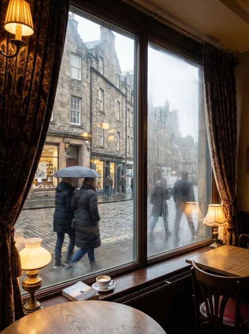 Looking out through a café window with slight condensation at a historic city street