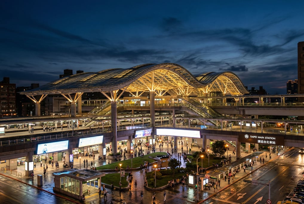 Modern transit hub with sweeping roof in a Taipei