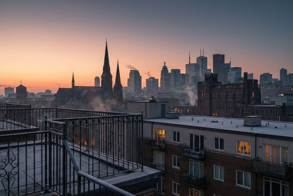 Distant city skyline seen from a residential rooftop terrace