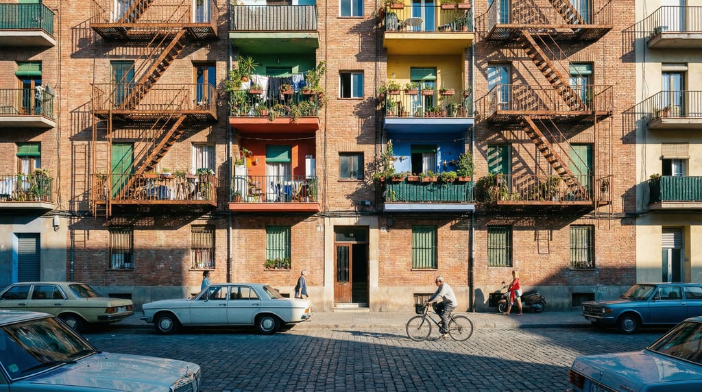 Social housing block with colorful balconies in a Mediterranean neighborhood